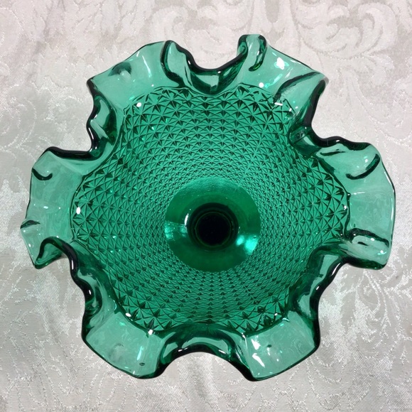 Vintage Diamond Cut Ruffled Edge Teal Pedestal Glass Candy Dish - Picture 6 of 8